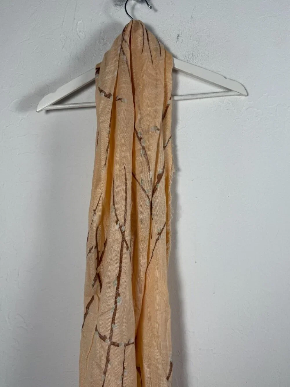 Sheer Beige Branch Print Scarf Wrap Shawl 72x19 Boho Fringe Lightweight